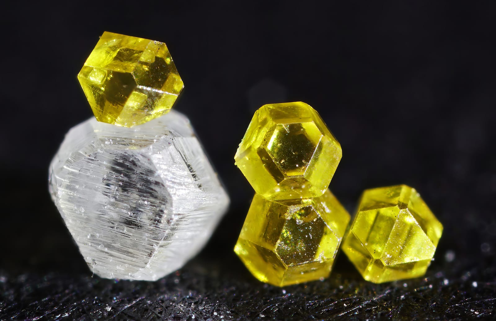 Four rough diamond crystals resting on a dark textured surface, three of them a strong lemon yellow and one colorless and frosted, each showing flat natural crystal faces and blunted corners rather than polished facets
