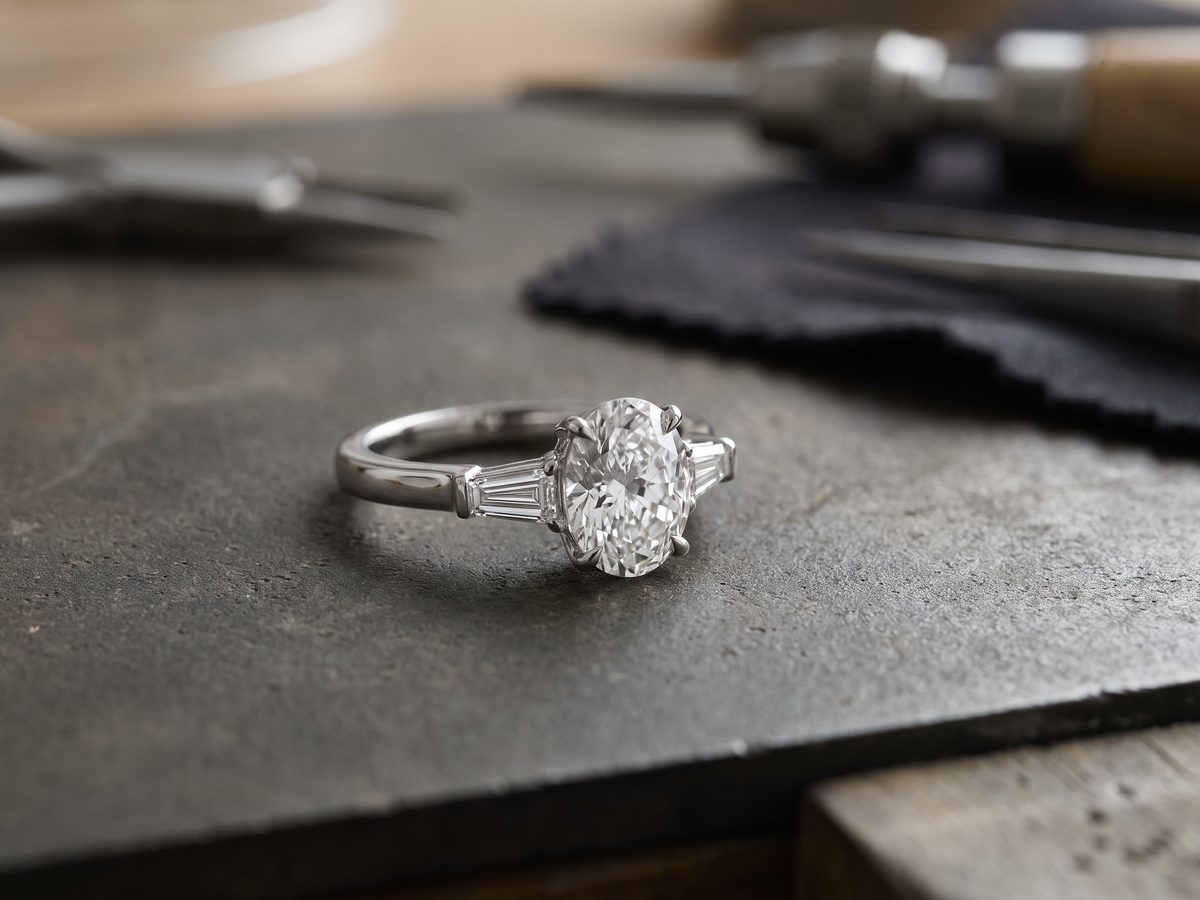 A platinum ring with an oval center and two tapered baguette side stones, photographed on a charcoal bench top