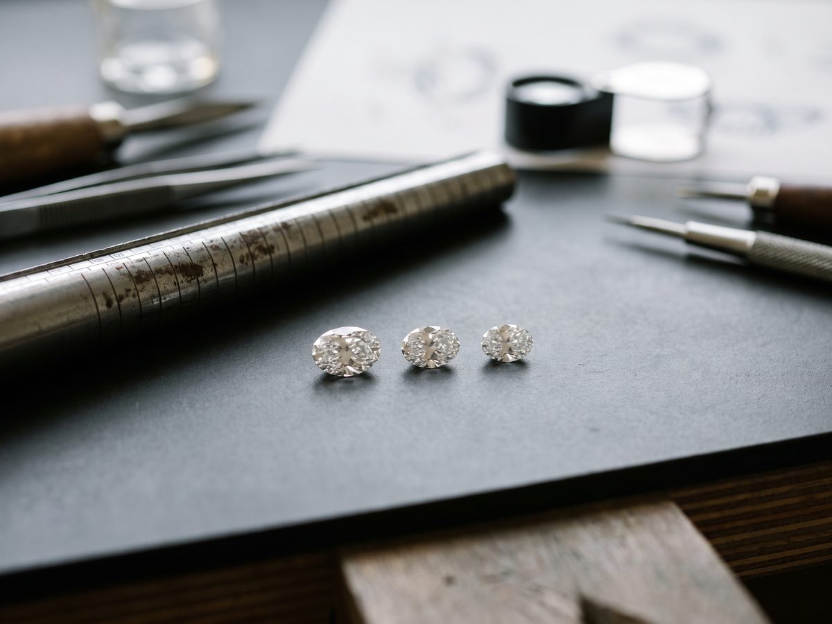 Three loose oval diamonds of increasing size laid beside a steel ring mandrel on a light surface
