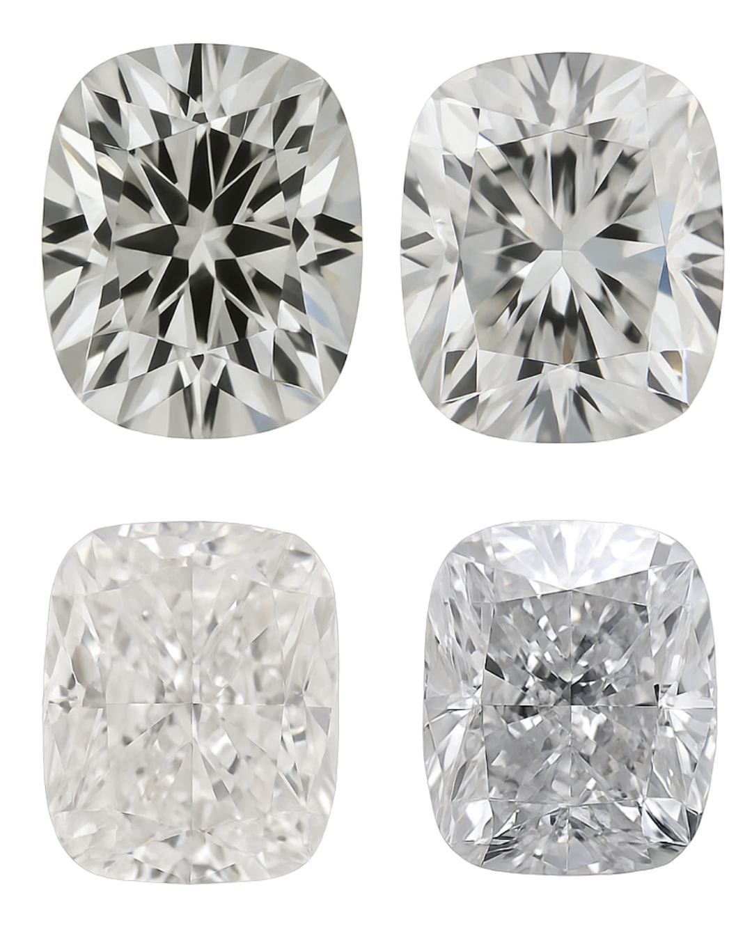 Four elongated cushion cut diamonds photographed face up in two rows of two, the upper pair showing large chunky facets radiating from the centre and the lower pair showing a fine scattered pattern of small flashes