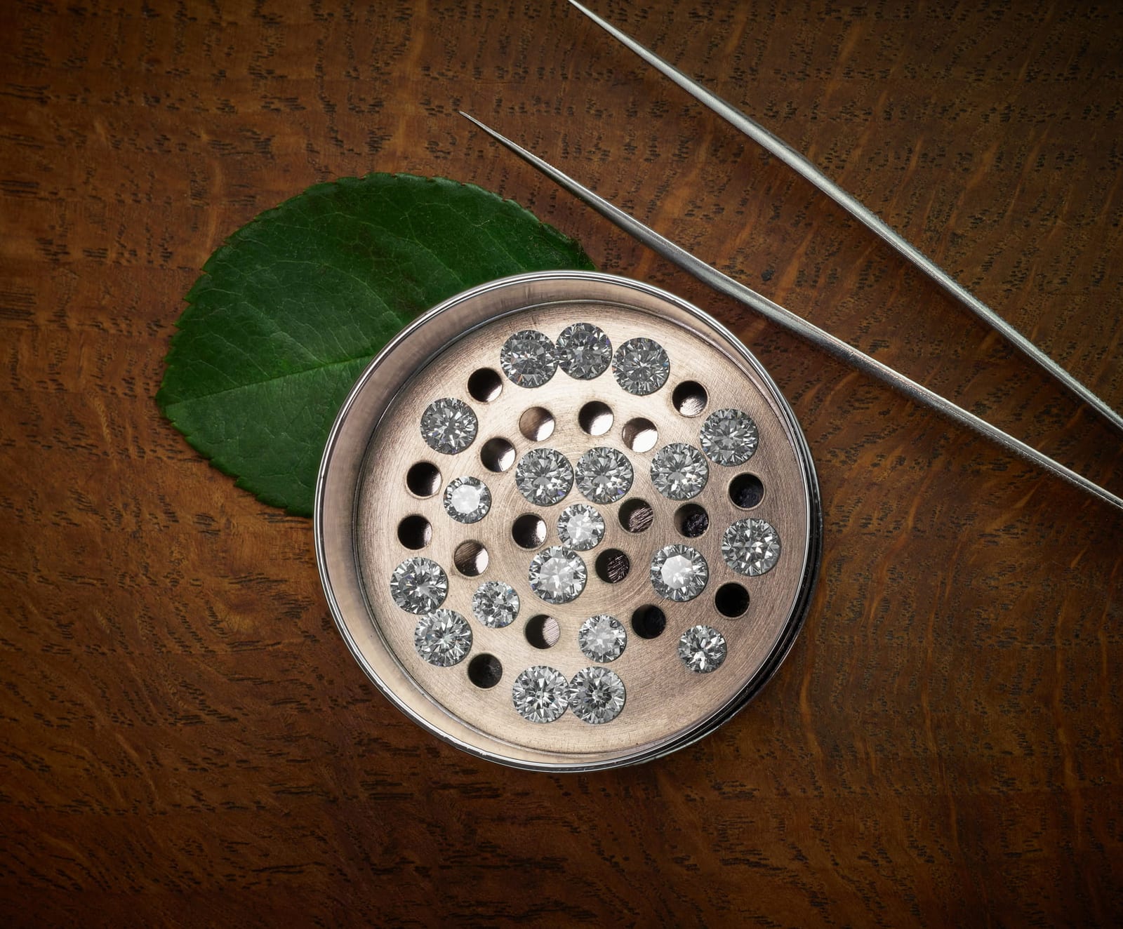 About two dozen small round brilliant diamonds sitting on a round perforated metal sieve plate, each stone resting across several of the drilled holes, with fine pointed gem tweezers alongside on the dark wood and a single green leaf tucked under the edge of the plate.