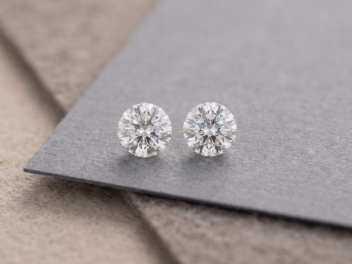 Two loose round brilliant diamonds resting side by side on a plain grey card