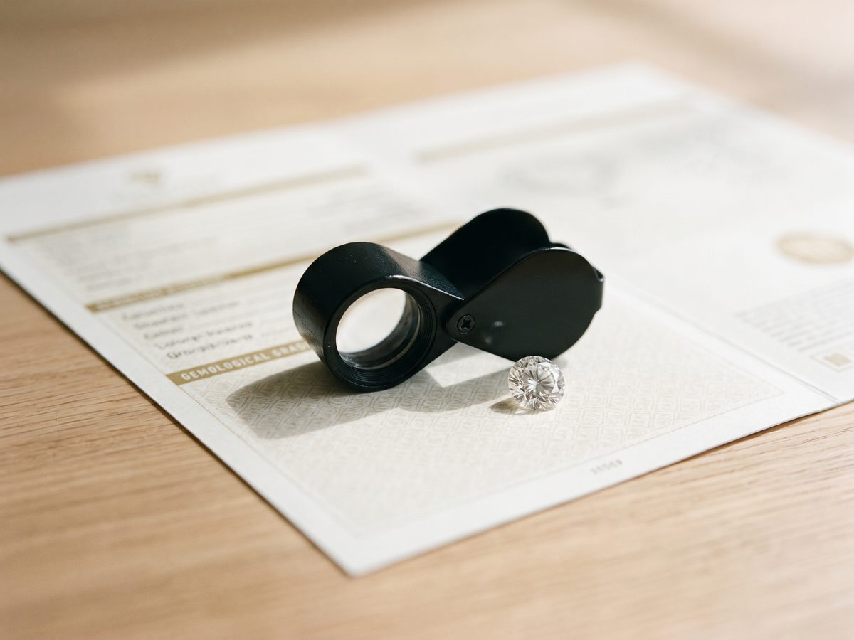 A loupe resting on the measurements area of a diamond grading report, the surrounding text softly out of focus