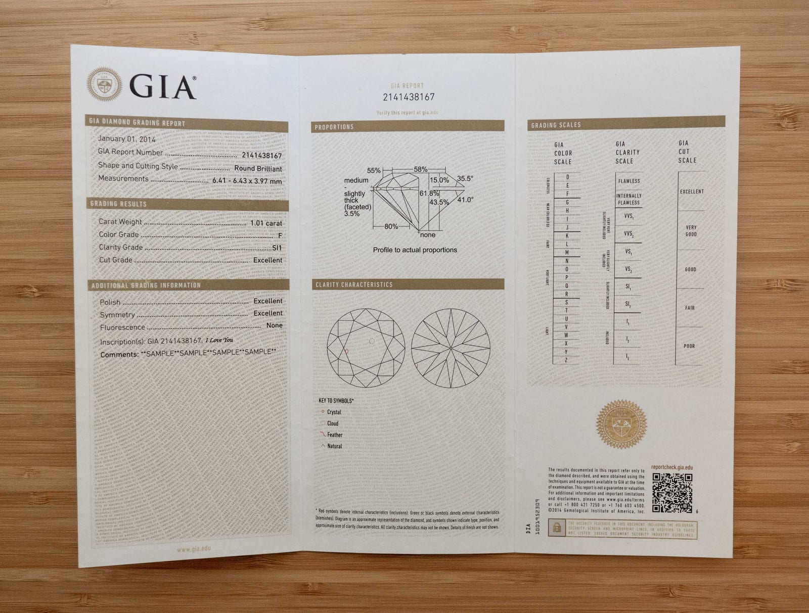 A three panel printed grading report opened flat on a pale wood desk, the left panel listing report number, shape, measurements, carat, color, clarity and cut, the middle panel carrying a proportions diagram and two clarity plots, the right panel holding the color, clarity and cut scales.