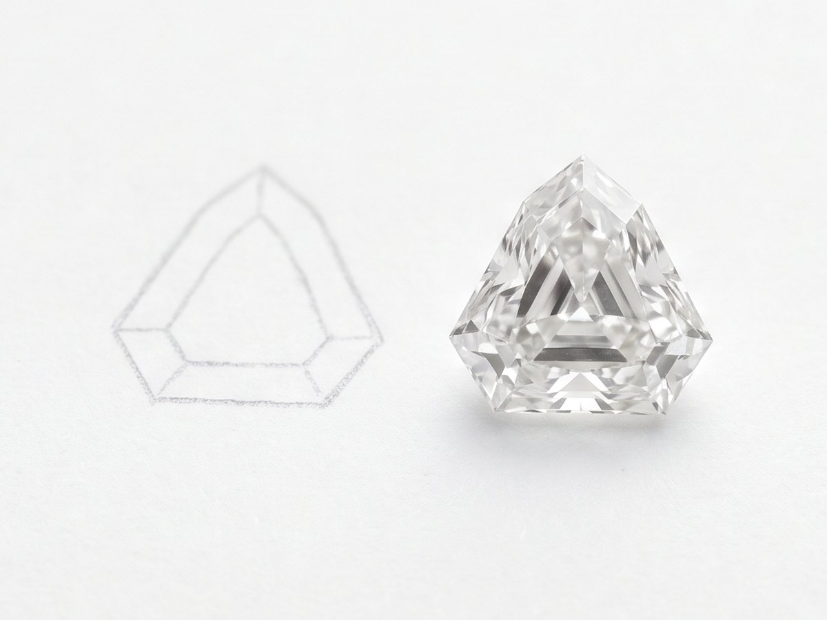 A loose shield-cut diamond beside a pencil outline of the same shape on white paper