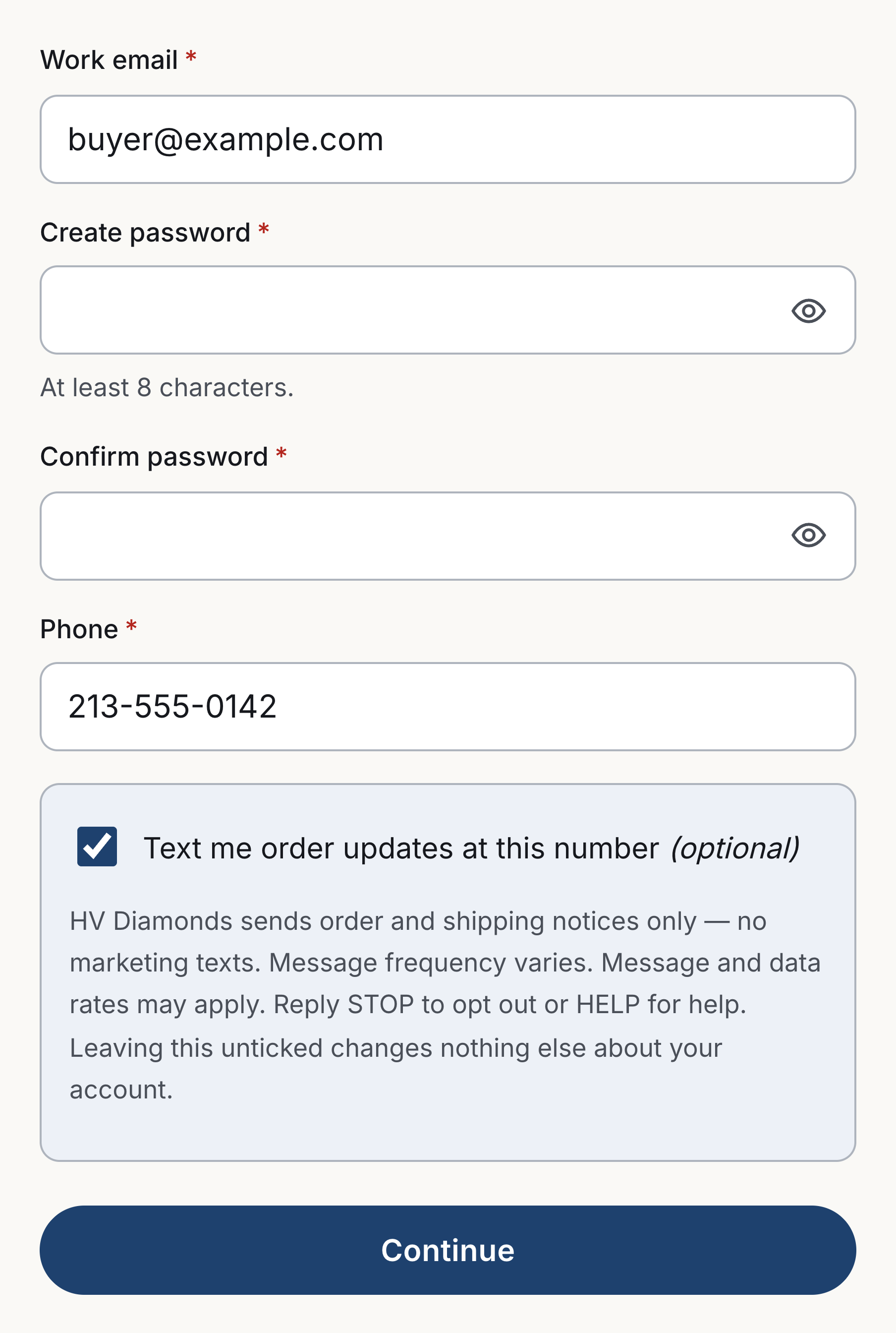 The same HV Diamonds signup screen after the customer has typed a mobile number and ticked the optional text-message consent checkbox.