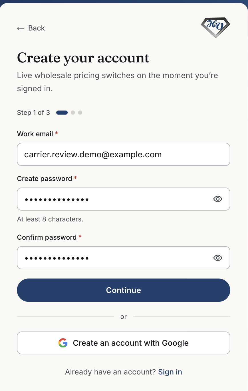 Step 1 of the HV Diamonds signup form, asking for a work email and password.