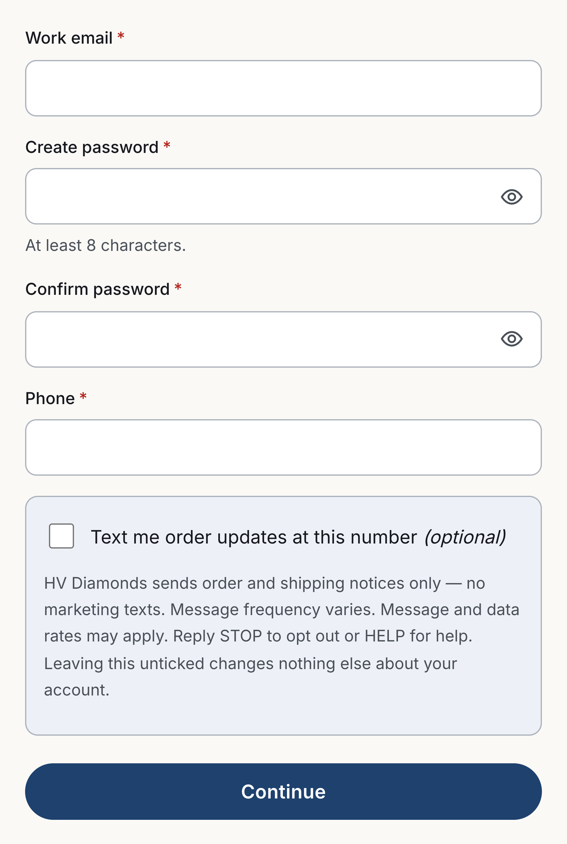 The first screen of the HV Diamonds signup form as it loads for a visitor with no account: work email, password, Phone, and an empty, unticked text-message consent checkbox with its disclosure beneath it.