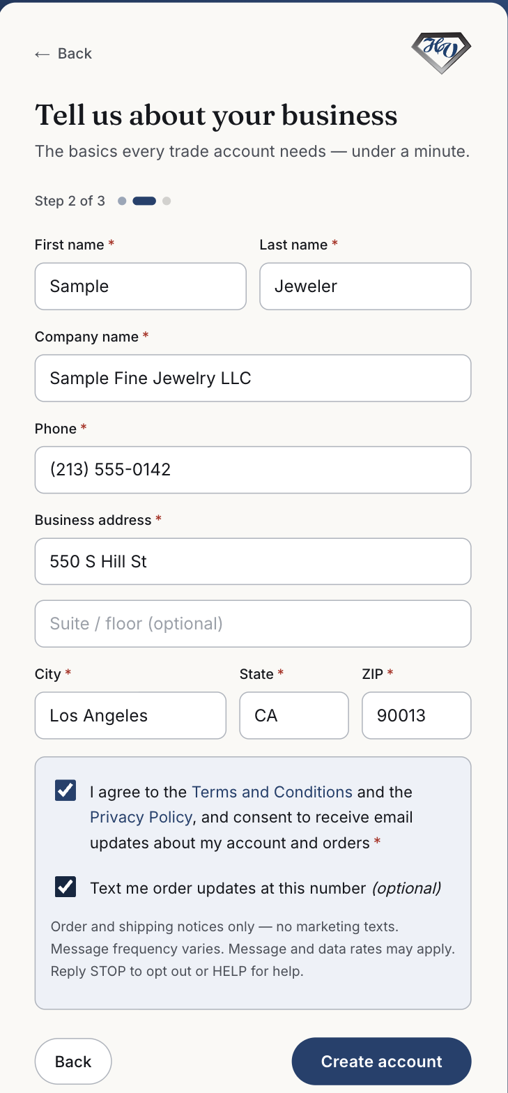 Step 2 of the HV Diamonds signup form filled in, with the required Terms checkbox and the optional text message checkbox both ticked by the customer.