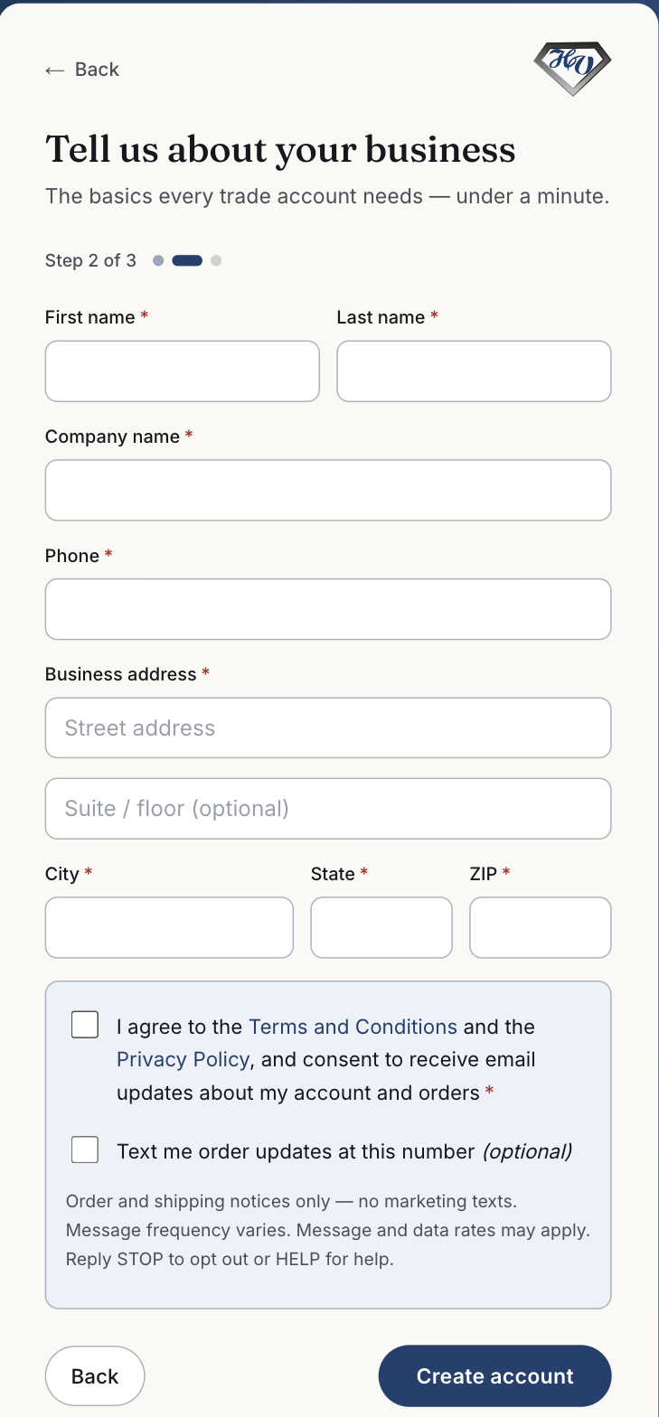 Step 2 of the HV Diamonds signup form as first presented, with a Phone field and two empty, unticked consent checkboxes.
